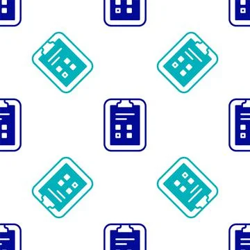 Blue Exam sheet with check mark icon isolated seamless pattern on white Stock Illustration