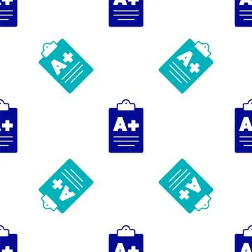 Blue Exam sheet with A plus grade icon isolated seamless pattern on white Stock Illustration