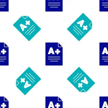 Blue Exam sheet with A plus grade icon isolated seamless pattern on white Stock Illustration