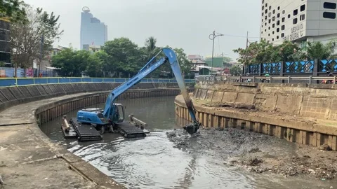 A blue excavator is working Stock Footage 295028173