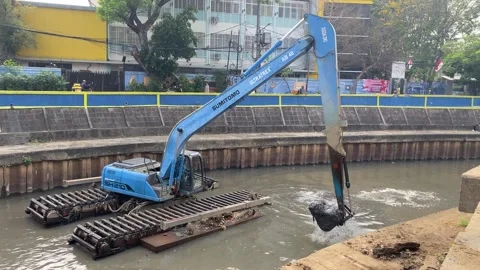 A blue excavator is working Stock Footage 295028461