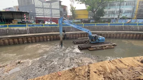 A blue excavator is working Stock Footage 295028472