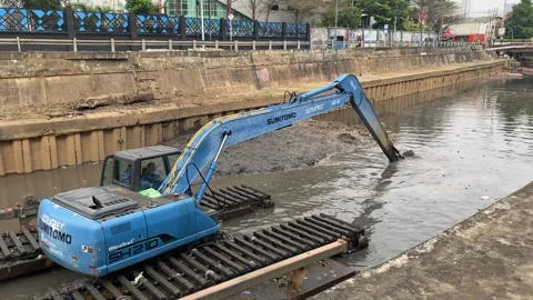 A blue excavator is working Stock Footage 295028579