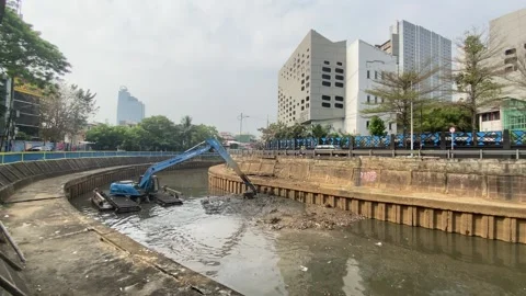 A blue excavator is working Stock Footage 295028603