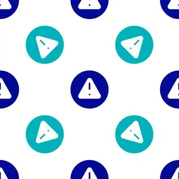 Blue Exclamation mark in triangle icon isolated seamless pattern on white Illustrazione stock