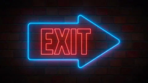 Blue exit arrow and red neon text flickering on brick wall. Stock Footage 201407561