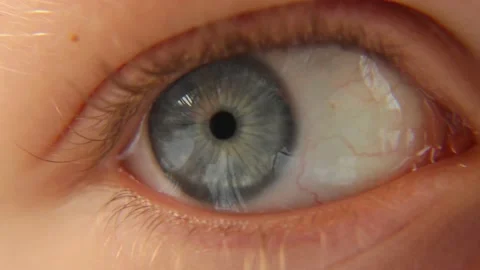Blue Eye of Child Looking Up Close Up. Human eye iris opening pupil Stock Footage 150123319