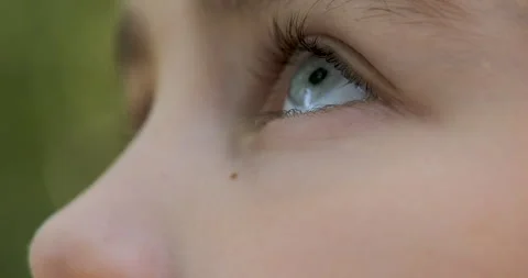 Blue Eye of Child Looking up Closeup. Person Looking Up at Sky in Outdoors... Stock Footage 340633173