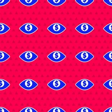 Blue Eye with dollar icon isolated seamless pattern on red background.  Vecto Stock Illustration