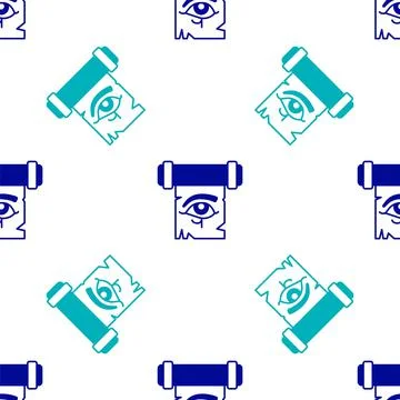 Blue Eye of Horus on papyrus scroll icon isolated seamless pattern on white Illustrazione stock