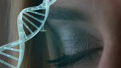 Blue eye surounded by binary code and spinning DNA helix Video stock 104952299