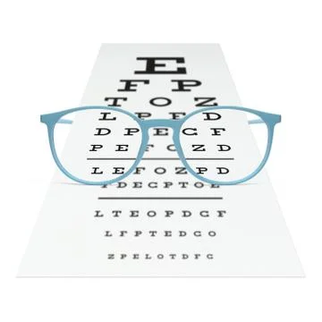 Blue eyeglasses on visual test chart isolated on white. Eyesight concept Stock Photos
