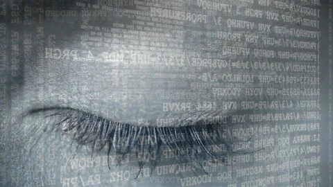 Blue eyes opening to binary codes 스톡 동영상 106235522