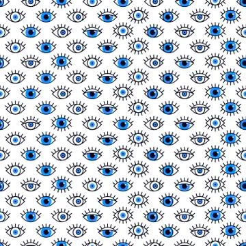 Blue eyes pattern in line style. Fashion background in 80s. Minimal design. V Stock Illustration