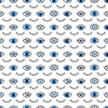 Blue eyes pattern in line style. Fashion background in 80s. Minimal design. V Stock Illustration