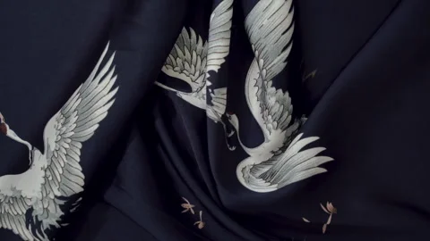 The blue fabric with the image of birds is rolled up. top view Stock Footage 240986626