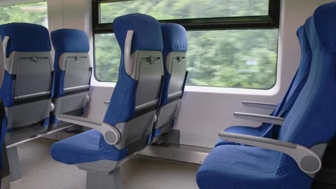Blue fabric seats with armrests inside moving train cabin through scenic bl.. Stock Footage 339580144