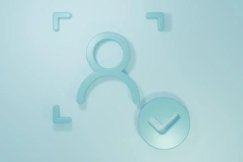Blue Face recognition with check mark icon isolated on blue background. Fac.. Stock Illustration