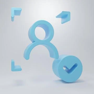 Blue Face recognition with check mark icon isolated on grey background. Fac.. Stock Illustration
