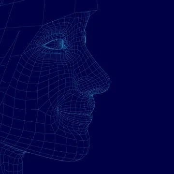 Blue face with a wire frame. The face is very detailed and has a very realistic Stock Illustration