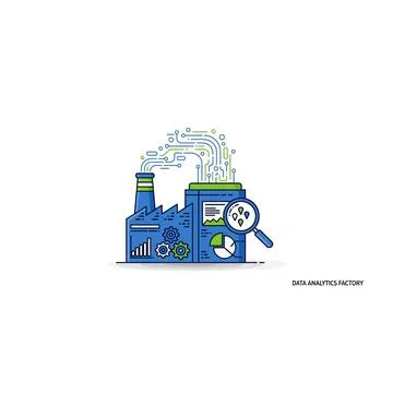 Blue factory with data streams and magnifying glass Stock Illustration