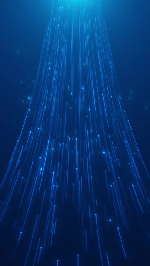 Blue falling data stream glowing vertical light trails, small binary marks, and Stock Footage 340558133