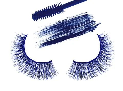 Blue false eyelash and stroke (sample) of blue mascara isolated on white back Fotos Stock