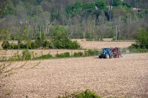 Blue farm tractor pulls disc harrow cultivator over agricultural field Stock Photos
