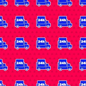 Blue Fast round the clock delivery by car icon isolated seamless pattern on r Illustration