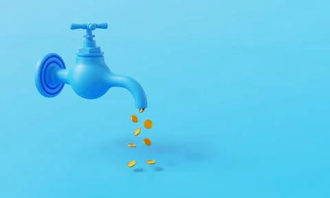 Blue faucet with coins. Leaking coins from a faucet. Isolated on a blue Stock Illustration
