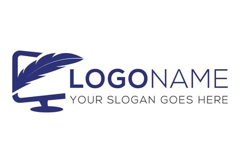 Blue Feather Abstract Computer Screen Logo Design	 Stock Illustration