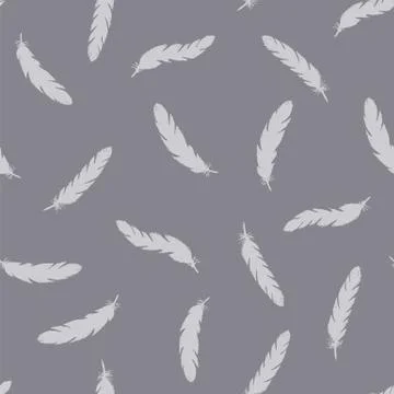 Blue feathers seamless pattern on gray background. Stock Illustration