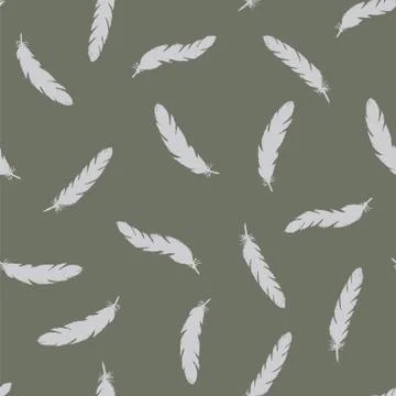 Blue feathers seamless pattern on green background. Stock Illustration