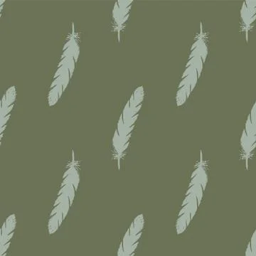 Blue feathers seamless pattern on green background. Stock Illustration