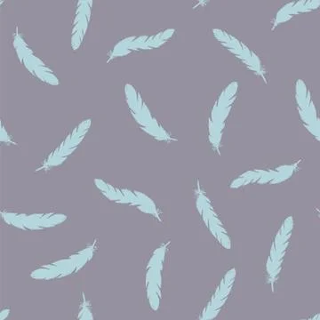 Blue feathers seamless pattern on lilac background. Stock Illustration