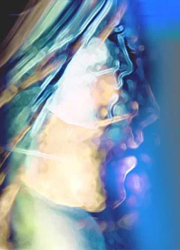 Blue. Female face translucent profile. Lost look or thoughtful. Surreal Artwork. Stock Illustration