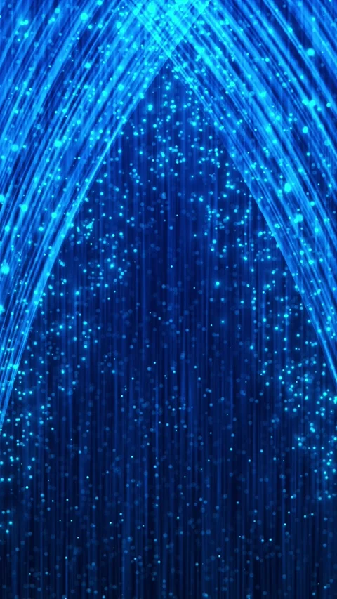 Blue fiber optic arc background glowing curved strands, falling light particles, Stock Footage 340525256