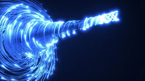 Blue fiber optic cables vortex. glass strings glowing in dark. 3d illustration Stock Illustration