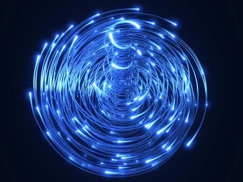 Blue fiber optic cables vortex. glass strings glowing in dark. 3d illustration Stock Illustration