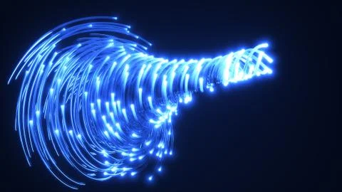 Blue fiber optic cables vortex. glass strings glowing in dark. 3d illustration Stock Illustration