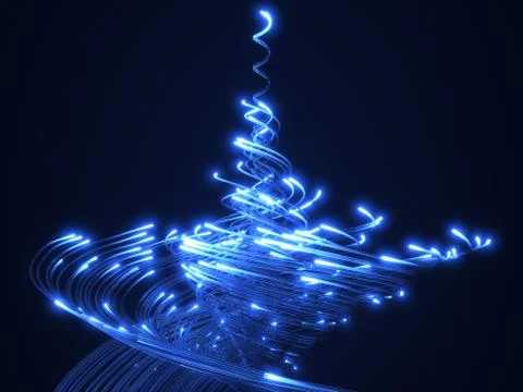 Blue fiber optic cables vortex. glass strings glowing in dark. 3d illustration 스톡 일러스트