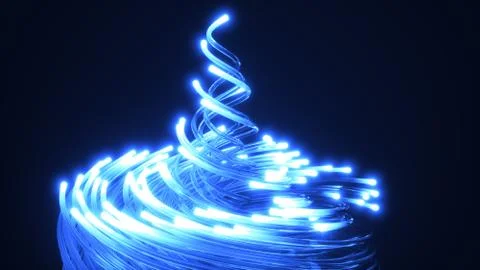 Blue fiber optic cables vortex. glass strings glowing in dark. 3d illustration 스톡 일러스트