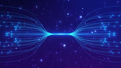 Blue fiber optic data wave background cyan lines, connected dots, grid floor, de Stock Footage 340452245