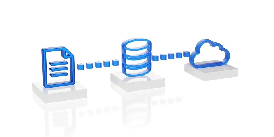 Blue file, server or database and cloud icon row over white background, dat.. Stock Illustration