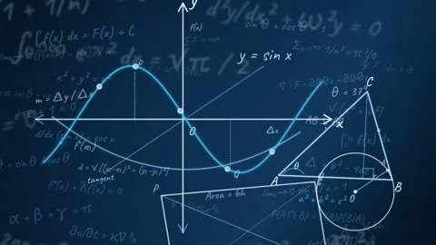 A blue filled with mathematical equations, geometric shapes, a sine wave gr.. Stock Footage 346260462