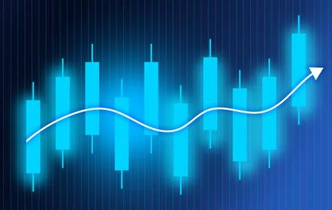 Blue financial candlestick chart with glowing white trend line and upward Stock Illustration