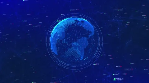 Blue financial globe data visual glowing earth, stock indicators, chart points, Stock Footage 340564819
