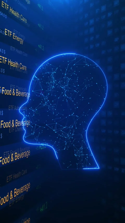 Blue financial intelligence glowing human profile, network nodes, market numbers Stock Footage 334127589