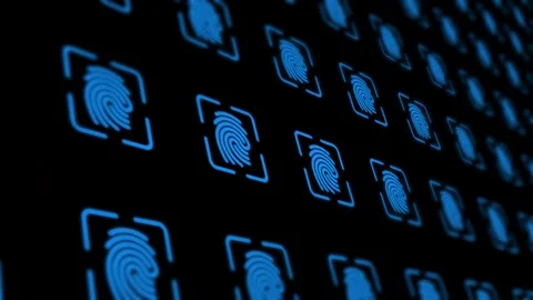 Blue Fingerprint HUD Scanner Grid Scrolling On Black Background Biometric Loop Stock Footage 336148975