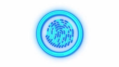 Blue fingerprint icon with digital interface isolated on white background. Illustrazione stock